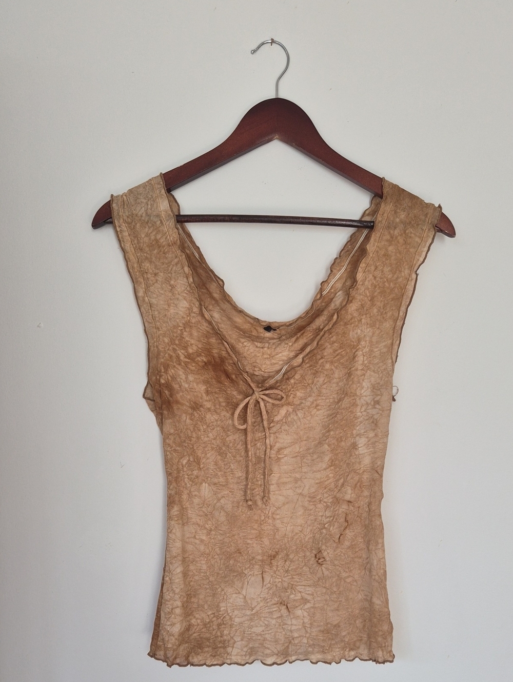 Lightweight Mesh Brown Tie-Front Sleeveless Top